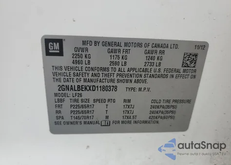 2013 Chevrolet Equinox Ls из США, поврежденный, VIN 2GNALBEKXD1180378